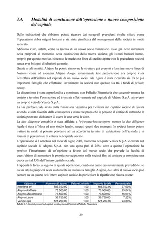 129
3.4. Modalità di conclusione dell’operazione e nuova composizione
del capitale
Dalle indicazioni che abbiamo potuto ricavare dai paragrafi precedenti risulta chiaro come
l’operazione abbia origini lontane e sia stata pianificata dal management della società in modo
accurato.
Abbiamo visto, infatti, come la ricerca di un nuovo socio finanziario fosse già nelle intenzioni
della proprietà al momento della costituzione della nuova società; gli istituti bancari hanno,
proprio per questo motivo, concesso le medesime linee di credito aperte con la precedente società
senza aver bisogno di ulteriori garanzie.
Grazie a tali prestiti, Alajmo ha potuto rinnovare le strutture già presenti e lanciare nuove linee di
business come ad esempio Alajmo design; naturalmente tale preparazione era proprio vista
nell’ottica dell’entrata nel capitale di un nuovo socio; tale figura è stata ricercata sia tra le più
importanti famiglie che effettuano investimenti in società non quotate sia tra i fondi di private
equity.
La discussione è stata approfondita e continuata con Palladio Finanziaria che successivamente ha
portato a termine l’operazione ed è entrata effettivamente nel capitale di Alajmo S.p.A. attraverso
un proprio veicolo Venice S.p.A..
La via preferenziale avuta dalla finanziaria vicentina per l’entrata nel capitale sociale di questa
azienda, è stata favorita dalla conoscenza e stima reciproca che le persone al vertice di entrambe le
società potevano dichiarare di avere le uno verso le altre.
La due diligence contabile è stata affidata a Pricewaterhousecoopers mentre la due diligence
legale è stata affidata ad uno studio legale; superati questi due momenti, le società hanno potuto
trattare in modo si potesse pervenire ad un accordo in termini di valutazione dell’azienda e in
termini di percentuale di entrata nel capitale sociale.
L’operazione si è conclusa nel mese di luglio 2010, momento nel quale Venice S.p.A. è entrata nel
capitale sociale di Alajmo S.p.A. con una quota pari al 25%; oltre a questo l’operazione ha
previsto l’inserimento di un’opzione a favore del nuovo socio che prevede la facoltà di
quest’ultimo di aumentare la propria partecipazione nella società fino ad arrivare a possedere una
quota pari al 35% dell’intero capitale sociale.
I rapporti di forza, a seguito di questa operazione, cambiano come era naturalmente prevedibile: se
da un lato la proprietà resta saldamente in mano alla famiglia Alajmo, dall’altra il nuovo socio può
contare su un quarto dell’intero capitale sociale. In particolare la ripartizione risulta essere:
Azionista Numero di azioni Valore Unitario Importo totale Percentuale
Interland srl 183.750,00 1,00 183.750,00 37,60%
Alajmo Raffaele 73.500,00 1,00 73.500,00 15,04%
Alajmo Massimiliano 73.500,00 1,00 73.500,00 15,04%
Alajmo Laura 36.750,00 1,00 36.750,00 7,52%
Venice Spa 121.200,00 1,00 121.200,00 24,80%
Tabella 3.1 Azionisti presenti nel capitale sociale prima dell’entrata di Palladio Finanziaria
 