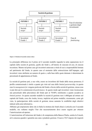 18
Figura 1.3 Struttura di un fondo comune chiuso
La principale differenza tra il primo ed il secondo modello riguarda la netta separazione tra il
capitale della società di gestione, quello dei fondi e, all’interno di ciascuno di essi, di ciascun
investitore. Mentre nel primo caso gli investitori entravano a titolo di soci a responsabilità limitata
nel patrimonio del fondo, in questo caso al momento della sottoscrizione dell’impegno, agli
investitori viene attribuito un numero di quote e, sulla base delle quote detenute è determinata la
percentuale di appartenenza al fondo.
La società di gestione può, a sua volta, essere un investitore del fondo dalla stessa promosso; il
profilo commissionale è simile a quanto gia visto nel caso delle limited parternership, in questo
caso le management fee vengono prelevate dal fondo a favore della società di gestione, stessa cosa
si può dire per le commissioni di performance. In questo modo agli investitori viene riconosciuta
una percentuale delle plusvalenze del fondo pari al 70-80% similmente a quanto accadeva ai
limited partner. In questo secondo modello la società di gestione non è obbligata ad entrare nel
capitale del fondo, cosa che risulta, invece, implicita nel primo modello; sicuramente, come già
visto, la partecipazione della società di gestione stessa aumenta la credibilità degli obiettivi
indicati nella nota informativa.
Abbiamo già ampiamente detto che in Italia la struttura dei fondi chiusi si articola con il secondo
modello, ora vediamo meglio l’iter che necessariamente deve essere seguito per ottenere
l’autorizzazione ad operare.
L’autorizzazione all’istituzione del fondo è di competenza della Banca d’Italia, sentita la Consob,
ed è concessa quando è garantita una sana e prudente gestione. Il nuovo TUF impone dei requisiti
Società di gestione
FONDO 1 FONDO 2 FONDO 3
Società
target
Fondo 1
Società
target
Fondo 2
Società
target
Fondo 3
Investitori
Fondo 1
Investitori
Fondo 2
Investitori
Fondo 3
Fase di selezione
e gestione degli
investimenti
Fase di
fundraising
 