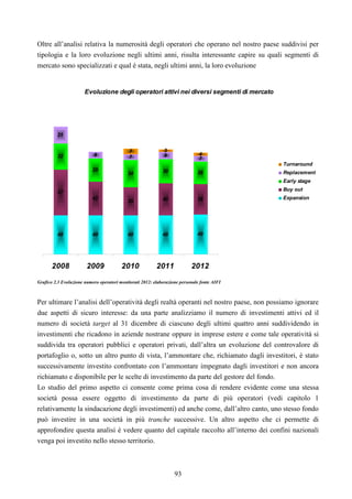 93
Oltre all’analisi relativa la numerosità degli operatori che operano nel nostro paese suddivisi per
tipologia e la loro evoluzione negli ultimi anni, risulta interessante capire su quali segmenti di
mercato sono specializzati e qual è stata, negli ultimi anni, la loro evoluzione
Evoluzione degli operatori attivi nei diversi segmenti di mercato
48 48 48 48 49
57
42
35 40 38
32
29
34 30 28
21
8 7 9
7
7 3
4
2008 2009 2010 2011 2012
Turnaround
Replacement
Early stage
Buy out
Expansion
Grafico 2.3 Evoluzione numero operatori monitorati 2012: elaborazione personale fonte AIFI
Per ultimare l’analisi dell’operatività degli realtà operanti nel nostro paese, non possiamo ignorare
due aspetti di sicuro interesse: da una parte analizziamo il numero di investimenti attivi ed il
numero di società target al 31 dicembre di ciascuno degli ultimi quattro anni suddividendo in
investimenti che ricadono in aziende nostrane oppure in imprese estere e come tale operatività si
suddivida tra operatori pubblici e operatori privati, dall’altra un evoluzione del controvalore di
portafoglio o, sotto un altro punto di vista, l’ammontare che, richiamato dagli investitori, è stato
successivamente investito confrontato con l’ammontare impegnato dagli investitori e non ancora
richiamato e disponibile per le scelte di investimento da parte del gestore del fondo.
Lo studio del primo aspetto ci consente come prima cosa di rendere evidente come una stessa
società possa essere oggetto di investimento da parte di più operatori (vedi capitolo 1
relativamente la sindacazione degli investimenti) ed anche come, dall’altro canto, uno stesso fondo
può investire in una società in più tranche successive. Un altro aspetto che ci permette di
approfondire questa analisi è vedere quanto del capitale raccolto all’interno dei confini nazionali
venga poi investito nello stesso territorio.
 