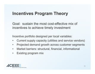 Incentives Program Theory
Goal: sustain the most cost-effective mix of
incentives to achieve timely investment
Incentive portfolio designed per local variables:
•  Current supply capacity (utilities and service vendors)
•  Projected demand growth across customer segments
•  Market barriers: structural, financial, informational
•  Existing program mix
11
 