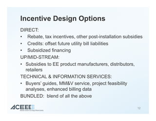 Incentive Design Options
DIRECT:
•  Rebate, tax incentives, other post-installation subsidies
•  Credits: offset future utility bill liabilities
•  Subsidized financing
UP/MID-STREAM:
•  Subsidies to EE product manufacturers, distributors,
retailers
TECHNICAL & INFORMATION SERVICES:
•  Buyers’ guides, MM&V service, project feasibility
analyses, enhanced billing data
BUNDLED: blend of all the above
12
 