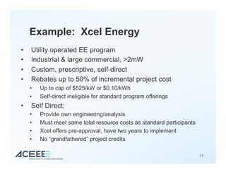 Example: Xcel Energy
•  Utility operated EE program
•  Industrial & large commercial, >2mW
•  Custom, prescriptive, self-direct
•  Rebates up to 50% of incremental project cost
•  Up to cap of $525/kW or $0.10/kWh
•  Self-direct ineligible for standard program offerings
•  Self Direct:
•  Provide own engineering/analysis
•  Must meet same total resource costs as standard participants
•  Xcel offers pre-approval, have two years to implement
•  No “grandfathered” project credits
14
 