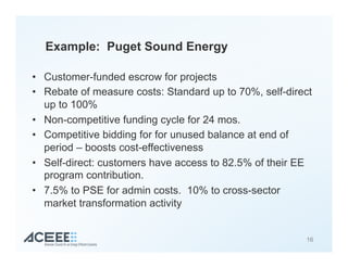 Example: Puget Sound Energy
•  Customer-funded escrow for projects
•  Rebate of measure costs: Standard up to 70%, self-direct
up to 100%
•  Non-competitive funding cycle for 24 mos.
•  Competitive bidding for for unused balance at end of
period – boosts cost-effectiveness
•  Self-direct: customers have access to 82.5% of their EE
program contribution.
•  7.5% to PSE for admin costs. 10% to cross-sector
market transformation activity
16
 
