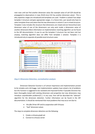 next rows until we find another dimension value (for example value of cell C29 should be
propagated to observations in rows 29,30 since C31 has another dimension value) . This is
why repetitive ranges are introduced and templates are used. Problem is solved if we adapt
template 3 structure and give appropriate ranges. In a future GUI, user would only have to
select template three and select that the two dimensions in column C are in mixed structure.
Template 3 also includes the structure that dimensions are mixed and are hierarchical (one
dimension value of one of the dimensions can only exist inside a dimensions value of
another dimension) More information on implementation matching algorithm can be found
to the API documentation. A case to use the template 2 structure has not been met but
anyway, matching algorithm does not differ from template 1 solution. Template 2 is
introduced only to separate all possible excel structure cases.
Step 4: Dimension Detection, normalization analysis
Dimension Detection function is of utmost importance and implementation proved
to be complex and a bit buggy. Last implementation updates have solved a lot of problems
but this function is suggested to be reviewed and improved further if possible (function has
been thoroughly tested with existing dimension and properties but new dimensions may
introduce unpredictable problems(?) ). In any case, here will be described the “abstract”
algorithm for the dimension detection. Further information can be found in the API
documentation. It should be mentioned that most problems that may occur are due to:
 the jdbc Driver API and its cooperation with Virtuoso
 “bad” dimension values
The steps to complete dimension detection are the following:
1. Create a virtuoso graph set
2. Connect to virtuoso server
 