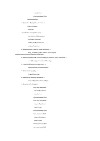 <row>6</row>
</com.excel.www.XCell>
</RepetitiveRange>
<!--declaration of a repetitive dimension-->
<RepetitiveRange>
<id>2</id>
<!--declaration of a repetitive range-->
<startcolumn>D</startcolumn>
<startrow>7</startrow>
<endcolumn>R</endcolumn>
<endrow>7</endrow>
<!--dimension name or label for known dimensions-->
<RDFS_label>http://linked-statistics.gr/ontology/qb-
components#maritalStatusDimension</RDFS_label>
<!--dimension xsd type, URI means tool will try to create and upload component-->
<userDefinedtype>string</userDefinedtype>
<!-- repetitive dimension normal structure-->
<dimensionType>1</dimensionType>
<!--dimension language tag-->
<langtag>1</langtag>
<!--measureType dimension declaration-->
<measureType>false</measureType>
<!--dimension cells declaration-->
<com.excel.www.XCell>
<column>E</column>
<row>7</row>
</com.excel.www.XCell>
<com.excel.www.XCell>
<column>F</column>
<row>7</row>
</com.excel.www.XCell>
<com.excel.www.XCell>
<column>G</column>
<row>7</row>
</com.excel.www.XCell>
<com.excel.www.XCell>
 