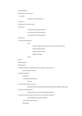 </observationrange>
<!--declaration of rows with sums-->
<!--!sumsrow>
<rowwithsums>null</rowwithsums>
</sumsrow-->
<!--declaration of columns with sums-->
<sumscolumn>
<columnwithsums>D</columnwithsums>
<columnwithsums>I</columnwithsums>
<columnwithsums>N</columnwithsums>
</sumscolumn>
<!--Slices example declaration>
<slice>
<slicename>singles living within refArea with code 1110201</slicename>
<slicekey>Άγαμοι</slicekey>
<slicekey>1110201</slicekey>
<langtag>1</langtag>
</slice>
</Slices-->
</Parserparameters>
<CubeParameters>
<!--timeseries declaration, no Refperiod dimension in absence of this parameter-->
<timeseries>2011</timeseries>
<!--attributes declaration-->
<Attributelist>
<com.datacube.www.Attribute>
<id>0</id>
<!--name or label for known component-->
<RDFS_label>http://purl.org/linked-data/sdmx/2009/attribute#unitMeasure</RDFS_label>
<!--attribute property declaration-->
<attributeProperty>number of people</attributeProperty>
<!--component xsd type, URI means tool will try to create and upload component-->
<userDefinedtype>string</userDefinedtype>
</com.datacube.www.Attribute>
</Attributelist>
 