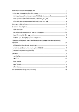 Installation (libraries,environment,OS)................................................................................... 22
ELSTAT case studies-with properties.xml use ......................................................................... 23
User input and software parameters-ΑΡΧΕΙΟ tab_01_sex_mar4....................................... 23
User input and software parameters -ΑΡΧΕΙΟ tab_06b_nik_1........................................... 29
User input and software parameters -ΑΡΧΕΙΟ tab_07a_nik15........................................... 36
User types and description...................................................................................................... 47
Constrains - Assumptions........................................................................................................ 47
User input type .................................................................................................................... 47
Fie formatting (Μορφοποίηση αρχείου εισαγωγής)........................................................... 47
Input file size (Μέγεθος αρχείου)........................................................................................ 48
Out files type (Τύπος παραγώμενων αρχείων) ................................................................... 48
Databases and software interaction (Βάσεις δεδομένων και αλληλεπίδραση με το
λογισμικό)................................................................................................................................ 49
LOD database-OpenLink Virtuoso Server ............................................................................ 49
relational database management system (RDBMS) ........................................................... 49
User interfaces ( διεπαφές χρηστών)...................................................................................... 50
Diagrams.................................................................................................................................. 50
Cardinality ........................................................................................................................... 51
Methods............................................................................................................................... 52
Cube classes......................................................................................................................... 53
Excel classes......................................................................................................................... 54
Main classes ........................................................................................................................ 55
Not implemented-Integration-Scalability................................................................................ 55
 
