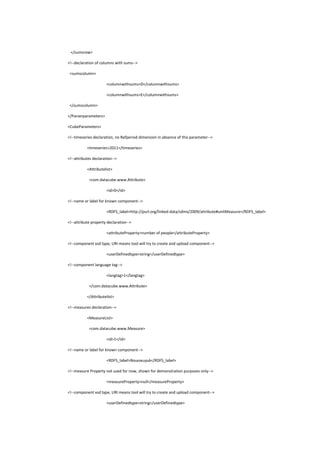 </sumsrow>
<!--declaration of columns with sums-->
<sumscolumn>
<columnwithsums>D</columnwithsums>
<columnwithsums>E</columnwithsums>
</sumscolumn>
</Parserparameters>
<CubeParameters>
<!--timeseries declaration, no Refperiod dimension in absence of this parameter-->
<timeseries>2011</timeseries>
<!--attributes declaration-->
<Attributelist>
<com.datacube.www.Attribute>
<id>0</id>
<!--name or label for known component-->
<RDFS_label>http://purl.org/linked-data/sdmx/2009/attribute#unitMeasure</RDFS_label>
<!--attribute property declaration-->
<attributeProperty>number of people</attributeProperty>
<!--component xsd type, URI means tool will try to create and upload component-->
<userDefinedtype>string</userDefinedtype>
<!--component language tag-->
<langtag>1</langtag>
</com.datacube.www.Attribute>
</Attributelist>
<!--measures declaration-->
<MeasureList>
<com.datacube.www.Measure>
<id>1</id>
<!--name or label for known component-->
<RDFS_label>Νοικοκυριά</RDFS_label>
<!--measure Property not used for now, shown for demonstration purposes only-->
<measureProperty>null</measureProperty>
<!--component xsd type, URI means tool will try to create and upload component-->
<userDefinedtype>string</userDefinedtype>
 