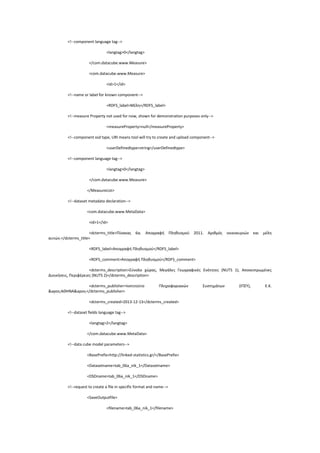 <!--component language tag-->
<langtag>0</langtag>
</com.datacube.www.Measure>
<com.datacube.www.Measure>
<id>1</id>
<!--name or label for known component-->
<RDFS_label>Μέλη</RDFS_label>
<!--measure Property not used for now, shown for demonstration purposes only-->
<measureProperty>null</measureProperty>
<!--component xsd type, URI means tool will try to create and upload component-->
<userDefinedtype>string</userDefinedtype>
<!--component language tag-->
<langtag>0</langtag>
</com.datacube.www.Measure>
</MeasureList>
<!--dataset metadata declaration-->
<com.datacube.www.MetaData>
<id>1</id>
<dcterms_title>Πίνακας 6α. Απογραφή Πληθυσμού 2011. Αριθμός νοικοκυριών και μέλη
αυτών.</dcterms_title>
<RDFS_label>Απογραφή Πληθυσμού</RDFS_label>
<RDFS_comment>Απογραφή Πληθυσμού</RDFS_comment>
<dcterms_description>Σύνολο χώρας, Μεγάλες Γεωγραφικές Ενότητες (NUTS 1), Αποκεντρωμένες
Διοικήσεις, Περιφέρειες (NUTS 2)</dcterms_description>
<dcterms_publisher>Ινστιτούτο Πληροφοριακών Συστημάτων (ΙΠΣΥ), Ε.Κ.
'ΑΘΗΝΑ'</dcterms_publisher>
<dcterms_created>2013-12-13</dcterms_created>
<!--dataset fields language tag-->
<langtag>2</langtag>
</com.datacube.www.MetaData>
<!--data cube model parameters-->
<BasePrefix>http://linked-statistics.gr/</BasePrefix>
<Datasetname>tab_06a_nik_1</Datasetname>
<DSDname>tab_06a_nik_1</DSDname>
<!--request to create a file in specific format and name-->
<SaveOutputfile>
<filename>tab_06a_nik_1</filename>
 
