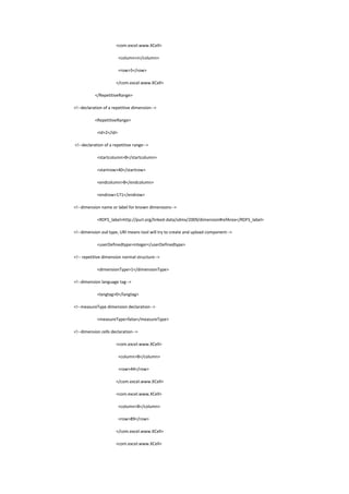 <com.excel.www.XCell>
<column>J</column>
<row>5</row>
</com.excel.www.XCell>
</RepetitiveRange>
<!--declaration of a repetitive dimension-->
<RepetitiveRange>
<id>2</id>
<!--declaration of a repetitive range-->
<startcolumn>B</startcolumn>
<startrow>40</startrow>
<endcolumn>B</endcolumn>
<endrow>171</endrow>
<!--dimension name or label for known dimensions-->
<RDFS_label>http://purl.org/linked-data/sdmx/2009/dimension#refArea</RDFS_label>
<!--dimension xsd type, URI means tool will try to create and upload component-->
<userDefinedtype>integer</userDefinedtype>
<!-- repetitive dimension normal structure-->
<dimensionType>1</dimensionType>
<!--dimension language tag-->
<langtag>0</langtag>
<!--measureType dimension declaration-->
<measureType>false</measureType>
<!--dimension cells declaration-->
<com.excel.www.XCell>
<column>B</column>
<row>44</row>
</com.excel.www.XCell>
<com.excel.www.XCell>
<column>B</column>
<row>89</row>
</com.excel.www.XCell>
<com.excel.www.XCell>
 
