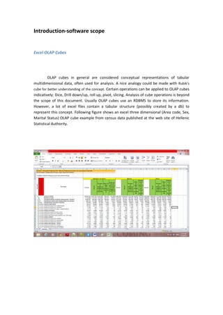 Introduction-software scope
Excel OLAP Cubes
OLAP cubes in general are considered conceptual representations of tabular
multidimensional data, often used for analysis. A nice analogy could be made with Rubik's
cube for better understanding of the concept. Certain operations can be applied to OLAP cubes
indicatively: Dice, Drill down/up, roll up, pivot, slicing. Analysis of cube operations is beyond
the scope of this document. Usually OLAP cubes use an RDBMS to store its information.
However, a lot of excel files contain a tabular structure (possibly created by a db) to
represent this concept. Following figure shows an excel three dimensional (Area code, Sex,
Marital Status) OLAP cube example from census data published at the web site of Hellenic
Statistical Authority.
 