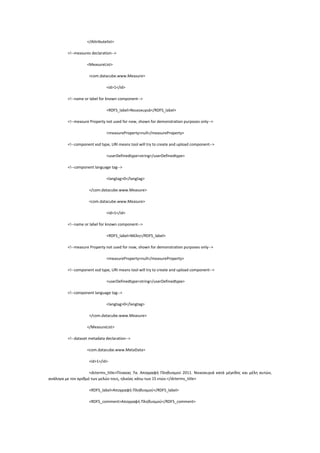 </Attributelist>
<!--measures declaration-->
<MeasureList>
<com.datacube.www.Measure>
<id>1</id>
<!--name or label for known component-->
<RDFS_label>Νοικοκυριά</RDFS_label>
<!--measure Property not used for now, shown for demonstration purposes only-->
<measureProperty>null</measureProperty>
<!--component xsd type, URI means tool will try to create and upload component-->
<userDefinedtype>string</userDefinedtype>
<!--component language tag-->
<langtag>0</langtag>
</com.datacube.www.Measure>
<com.datacube.www.Measure>
<id>1</id>
<!--name or label for known component-->
<RDFS_label>Μέλη</RDFS_label>
<!--measure Property not used for now, shown for demonstration purposes only-->
<measureProperty>null</measureProperty>
<!--component xsd type, URI means tool will try to create and upload component-->
<userDefinedtype>string</userDefinedtype>
<!--component language tag-->
<langtag>0</langtag>
</com.datacube.www.Measure>
</MeasureList>
<!--dataset metadata declaration-->
<com.datacube.www.MetaData>
<id>1</id>
<dcterms_title>Πίνακας 7α. Απογραφή Πληθυσμού 2011. Nοικοκυριά κατά μέγεθος και μέλη αυτών,
ανάλογα με τον αριθμό των μελών τους, ηλικίας κάτω των 15 ετών.</dcterms_title>
<RDFS_label>Απογραφή Πληθυσμού</RDFS_label>
<RDFS_comment>Απογραφή Πληθυσμού</RDFS_comment>
 