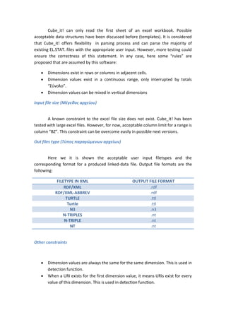 Cube_it! can only read the first sheet of an excel workbook. Possible
acceptable data structures have been discussed before (templates). It is considered
that Cube_it! offers flexibility in parsing process and can parse the majority of
existing EL.STAT. files with the appropriate user input. However, more testing could
ensure the correctness of this statement. In any case, here some “rules” are
proposed that are assumed by this software:
 Dimensions exist in rows or columns in adjacent cells.
 Dimension values exist in a continuous range, only interrupted by totals
“Σύνολο”.
 Dimension values can be mixed in vertical dimensions
Input file size (Μέγεθος αρχείου)
A known constraint to the excel file size does not exist. Cube_it! has been
tested with large excel files. However, for now, acceptable column limit for a range is
column “BZ”. This constraint can be overcome easily in possible next versions.
Out files type (Τύπος παραγώμενων αρχείων)
Here we it is shown the acceptable user input filetypes and the
corresponding format for a produced linked-data file. Output file formats are the
following:
FILETYPE IN XML OUTPUT FILE FORMAT
RDF/XML .rdf
RDF/XML-ABBREV .rdf
TURTLE .ttl
Turtle .ttl
N3 .n3
N-TRIPLES .nt
N-TRIPLE .nt
NT .nt
Other constraints
 Dimension values are always the same for the same dimension. This is used in
detection function.
 When a URI exists for the first dimension value, it means URIs exist for every
value of this dimension. This is used in detection function.
 