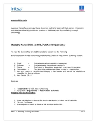 OPTCL Sourcing Training Document - 167 -
Approval Hierarchy
Approval Hierarchy governs purchase document routing for appro...