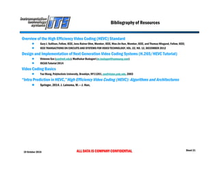 19 October 2016 ALL DATA IS COMPANY CONFIDENTIAL Sheet 21
Bibliography of Resources
Overview of the High Efficiency Video Coding (HEVC) Standard
 Gary J. Sullivan,Fellow, IEEE, Jens-RainerOhm,Member, IEEE, Woo-Jin Han, Member, IEEE, and Thomas Wiegand, Fellow, IEEE;
 IEEE TRANSACTIONS ON CIRCUITS AND SYSTEMS FOR VIDEO TECHNOLOGY,VOL. 22, NO. 12, DECEMBER 2012
Design and Implementation of Next Generation Video Coding Systems (H.265/HEVC Tutorial)
 Vivienne Sze (sze@mit.edu);Madhukar Budagavi (m.budagavi@samsung.com)
 ISCAS Tutorial 2014
Video Coding Basics
 Yao Wang, Polytechnic University,Brooklyn, NY11201, yao@vision.poly.edu,2003
“Intra Prediction in HEVC,”High Efficiency Video Coding (HEVC): Algorithms and Architectures
 Springer, 2014. J. Lainema, W.---J. Han,
 