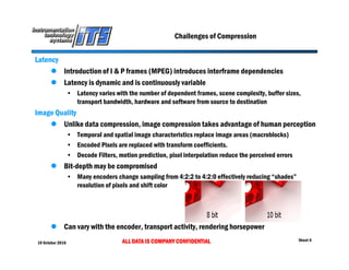 19 October 2016 ALL DATA IS COMPANY CONFIDENTIAL Sheet 6
Latency
 Introduction of I & P frames (MPEG) introduces interframe dependencies
 Latency is dynamic and is continuously variable
• Latency varies with the number of dependent frames, scene complexity, buffer sizes,
transport bandwidth, hardware and software from source to destination
Image Quality
 Unlike data compression, image compression takes advantage of human perception
• Temporal and spatial image characteristics replace image areas (macroblocks)
• Encoded Pixels are replaced with transform coefficients.
• Decode Filters, motion prediction, pixel interpolation reduce the perceived errors
 Bit-depth may be compromised
• Many encoders change sampling from 4:2:2 to 4:2:0 effectively reducing “shades”
resolution of pixels and shift color
 Can vary with the encoder, transport activity, rendering horsepower
Challenges of Compression
 