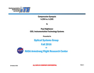 19 October 2016 ALL DATA IS COMPANY CONFIDENTIAL Sheet 1
Compression Synopsis
h.264 vs. h.265
By
Paul Hightower
CEO, Instrumentation Technology Systems
Presented to
Optical Systems Group
Fall 2016
At
NASA Armstrong Flight Research Center
 