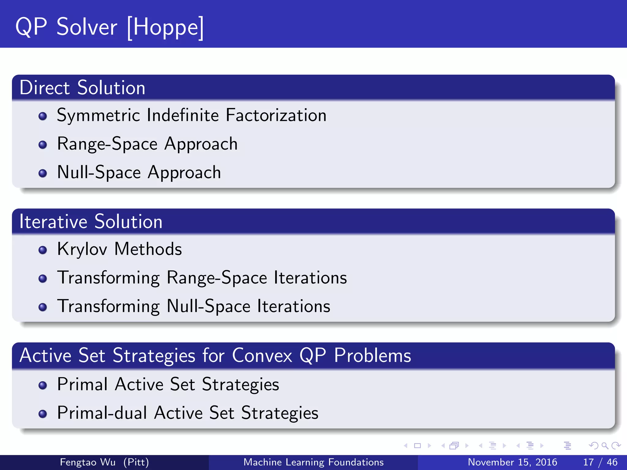 QP Solver [Hoppe]
Direct Solution
Symmetric Indeﬁnite Factorization
Range-Space Approach
Null-Space Approach
Iterative Solution
Krylov Methods
Transforming Range-Space Iterations
Transforming Null-Space Iterations
Active Set Strategies for Convex QP Problems
Primal Active Set Strategies
Primal-dual Active Set Strategies
Fengtao Wu (Pitt) Machine Learning Foundations November 15, 2016 17 / 46
 