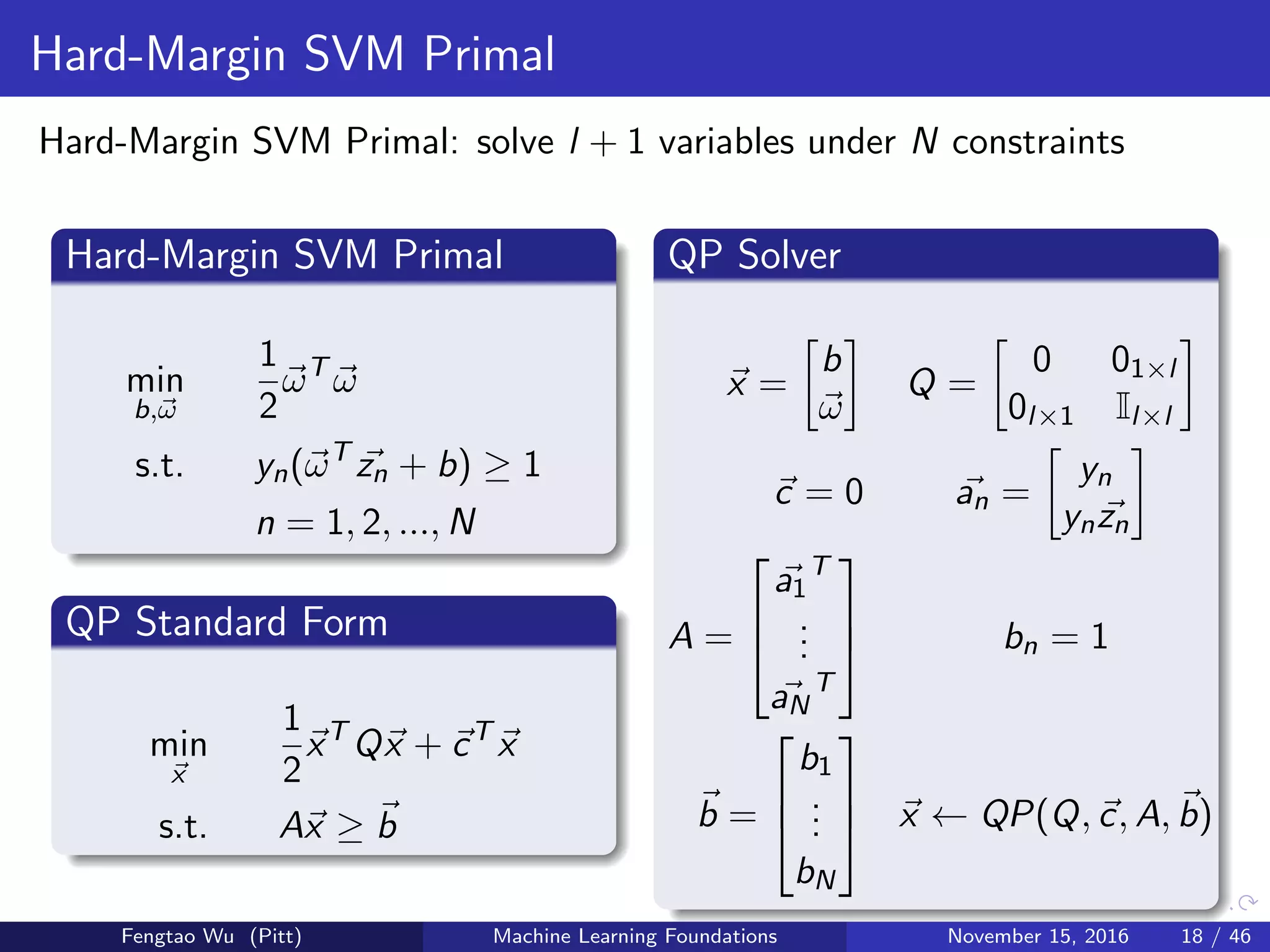 Hard-Margin SVM Primal
Hard-Margin SVM Primal: solve l + 1 variables under N constraints
Hard-Margin SVM Primal
min
b,ω
1
2
ωT
ω
s.t. yn(ωT
zn + b) ≥ 1
n = 1, 2, ..., N
QP Standard Form
min
x
1
2
xT
Qx + cT
x
s.t. Ax ≥ b
QP Solver
x =
b
ω
Q =
0 01×l
0l×1 Il×l
c = 0 an =
yn
ynzn
A =



a1
T
...
aN
T


 bn = 1
b =



b1
...
bN


 x ← QP(Q, c, A, b)
Fengtao Wu (Pitt) Machine Learning Foundations November 15, 2016 18 / 46
 