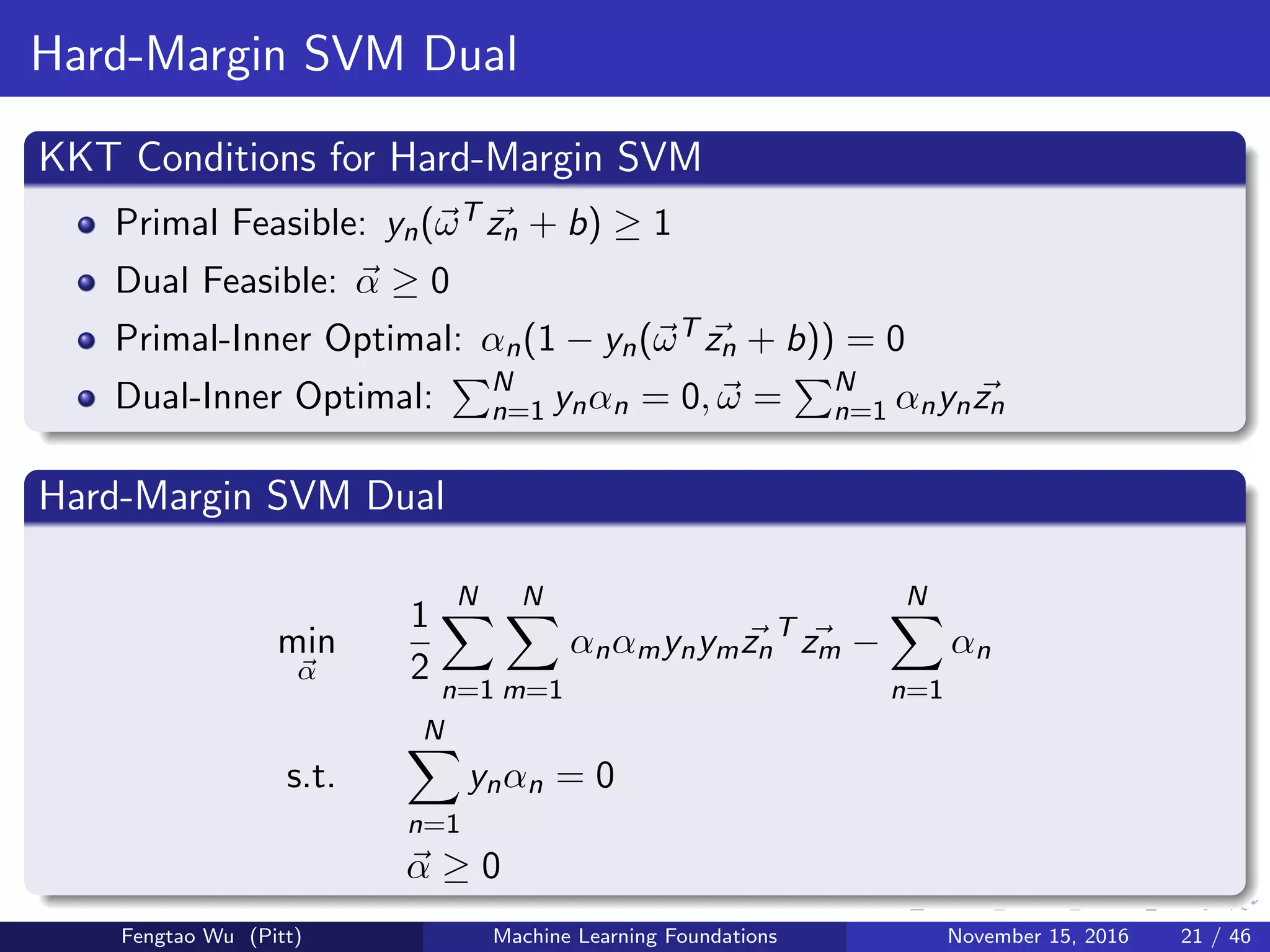 Hard-Margin SVM Dual
KKT Conditions for Hard-Margin SVM
Primal Feasible: yn(ωT zn + b) ≥ 1
Dual Feasible: α ≥ 0
Primal-Inner Optimal: αn(1 − yn(ωT zn + b)) = 0
Dual-Inner Optimal: N
n=1 ynαn = 0, ω = N
n=1 αnynzn
Hard-Margin SVM Dual
min
α
1
2
N
n=1
N
m=1
αnαmynymzn
T
zm −
N
n=1
αn
s.t.
N
n=1
ynαn = 0
α ≥ 0
Fengtao Wu (Pitt) Machine Learning Foundations November 15, 2016 21 / 46
 