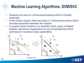 Machine Learning Algorithms: SVM/SVC
• Suppose we have an n-dimensional dataset which is linearly
separable
• In this feature space, there are many n-1 dimensional planes which
provides separation between the classes
• A support vector machine is a classifier which, given a labeled
dataset, will derive a hyperplane (or set of hyperplanes) which
optimizes for maximum class separability
35
docs.opencv.org
 