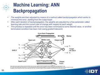 Machine Learning: ANN
Backpropagation
• The weights are then adjusted by means of a method called backpropagation,which works to
minimize the error, starting from the output layer
• After each iteration of backpropagation, the weights are adjusted by a free parameter called
learning rate and the current rate of change with respect to each weight
• This process is repeated until the error has been minimized to some desired value, or another
termination condition has been met (using gradient descent)
55
https://www.researchgate.net/figure/223521884_fig6_Fig-6-Schematic-diagram-of-back-propagation-neural-networks-with-two-hidden-layers"><img
src="https://www.researchgate.net/profile/Lucio_Soibelman/publication/223521884/figure/fig6/AS:305169624518662@1449769516864/Fig-6-Schematic-diagram-of-back-
propagation-neural-networks-with-two-hidden-layers.png" alt="Fig. 6. Schematic diagram of back-propagation neural networks with two hidden layers.
 