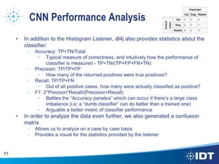 CNN Performance Analysis
• In addition to the Histogram Listener, dl4j also provides statistics about the
classifier:
– Accuracy: TP+TN/Total
• Typical measure of correctness, and intuitively how the performance of
classifier is measured - TP+TN/(TP+FP+FN+TN)
– Precision: TP/TP+FP
• How many of the returned positives were true positives?
– Recall: TP/TP+FN
• Out of all positive cases, how many were actually classified as positive?
– F1: 2*Precison*Recall/(Precision+Recall)
• Battles the “Accuracy paradox” which can occur if there’s a large class
imbalance (i.e; a “dumb classifier” can do better than a trained one)
• Arguable a better metric of classifier performance
• In order to analyze the data even further, we also generated a confusion
matrix
– Allows us to analyze on a case by case basis
– Provides a visual for the statistics provided by the listener
71
 