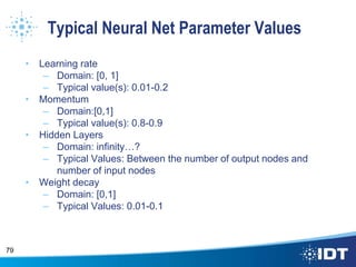 Typical Neural Net Parameter Values
• Learning rate
– Domain: [0, 1]
– Typical value(s): 0.01-0.2
• Momentum
– Domain:[0,1]
– Typical value(s): 0.8-0.9
• Hidden Layers
– Domain: infinity…?
– Typical Values: Between the number of output nodes and
number of input nodes
• Weight decay
– Domain: [0,1]
– Typical Values: 0.01-0.1
79
 