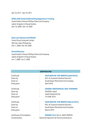 Apr 10, 2011- Apr 10, 2011
SCBA (Self Contained Breathing Apparatus) Training
Saudi Arabia Chevron Phillips Chemical Company
Jubail, Kingdom of Saudi Arabia
Dec 10, 2009- Dec 10, 2009
Basic and Advance AUTOCAD
Smart Drive Computer Center
SM City, Cebu Philippines
Dec 1, 2008- Dec 30, 2008
Permit Receiver
Saudi Arabia Chevron Phillips Chemical Company
Jubail, Kingdom of Saudi Arabia
Jun 1, 2008- Jun 2, 2008
Certificate : SAFE MAN OF THE MONTH (April 2016)
Given by : M.S. Al-Suwaidi Industrial Services
Given at : Saudi Kayan Petrochemical Company
Date given : April 2016
Certificate : AESSEAL MECHANICAL SEAL TRAINING
Given by : AESSEAL Jubail
Given at : Jubail Industrial City
Date given : 19 JUNE 2014
Certificate : SAFE MAN OF THE MONTH (March 2014)
Given by : M.S. Al-Suwaidi Industrial Services
Given at : Saudi Kayan Petrochemical Company
Date given : March 2014
Certificate of Completion : RIGGER 3 & 2 (ID no. JB201309976)
Conducted by : National Inspection & Technical testing Co.
CERTIFICATES
PERSONAL
 