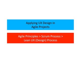 Applying	
  UX	
  Design	
  in	
  
Agile	
  Projects	
  
Agile	
  Principles	
  >	
  Scrum	
  Process	
  >	
  	
  
Lean	
  UX	
  (Design)	
  Process	
  
 