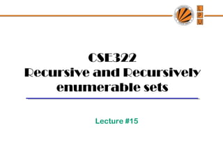 CSE322
Recursive and Recursively
enumerable sets
Lecture #15
 
