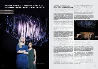 33
SGM NEWS No. 8 2015SGM NEWS No. 8 2015
32
SGM PIXEL TUBES ENTER
BRAIN SCIENCE INSTITUTE
SGM’s award winning LED technology can be found
in a diverse range of applications around the world
— with its eye-catching 3D pixel tubes typically
found zipping across dancefloor ceilings.
But in a completely unique deployment, 68 of the
LT-200 2m tubes now form a pulsating sculpture
in a brain science institute. This is at the heart
of designer Bob Crowley’s set for the new Tom
Stoppard play, The Hard Problem at the Dorfman
Theatre, part of the National Theatre on London’s
South Bank.
It was a YouTube video of a spinning cube that first
set Crowley’s creative juices flowing, and faced
with the task of emulating this effect in order
to represent brain pulses, the theatre’s lighting
operations manager, Marc Williams and control
supervisor, Daniel Murfin tracked down SGM’s 3D
pixel tubes after visiting the PLASA Show, and
seeing them displayed on the website of Madrix
LED software, the system which they use to
control it.
Hired from SGM customer, Blueprint Events, the
LT-200 tubes are brought to life by a collaborative
team which also includes lighting designer Mark
Henderson, lighting programmer Kate Greaves
and lighting supervisor, Paul Knott — who was also
instrumental in programming the effect.
The ‘brain’ graph itself is divided by 20 ‘nodes’
which are made up of SGM’s tiny LD-5 LED Light
Domes — supplied by SGM UK.
Stated Marc Williams, “This is the first time we
have used the pixel tubes — and it gives us the 3D
effect we wanted. We needed a reliable plug and
play system and the LT-200 is all self-addressing.”
But so eye-catching is the effect that the
production team can only use it for around 30
second bursts during the 10 or 11 scene changes
for fear of it interfering with the main thrust of
the complex abstract play, which deals with the
serious subjects of consciousness and evolution-
ary biology.
The lighting therefore had to be sensitive to
this, as Williams explains: “The [brain sculpture]
is controlled in two ways — as a series of LD-5
nodes, and as pixel-mapped LEDs which we use as
synapses to represent abstract ‘thoughts’ firing
across the brain; this represents the content of
the preceding scene.”
He said that due to the challenging concepts,
director Nicholas Hytner had been “absolutely
specific” with his requirements, which resulted in
Daniel Murfin creating mostly bespoke content to
achieve a wide range of graphic representations
— playing 2D video files through the display. All
content was made in sync with the music which is
MIDI triggered.
“I have taken it right back to 2-3%, using vertical
transitions — making it very ‘ripply’, in a way that
has not been used in theatre before,” said Murfin.
“You can read images better at a low intensity.”
“By using mapping techniques we can create lots
of different layers with underlying colours and
pass lo-res video through it, which with a pitch of
just 227 pixels across is virtually nothing!”
All the nodes and synapses are triggered from
an ETC Eos lighting desk piloted by Kate Greaves,
which in turn triggers the Madrix effects generator,
while the video itself is programmed in Catalyst.
In summary Marc Williams says, “The sculpture is
proving to be a real conversation piece, there’s
been a real buzz about it.” He adds that Nicholas
Hytner is said to be extremely happy with the
effect. “He feels the audience really gets it!”
Mark Henderson adds his own endorsement.
“The effect works really well, and produces a nice
combination. The lighting team had done a lot of
research — and there is nothing else like this 3D
effect on the market.”
But the final word comes from Ian Kirby. “This
imaginative installation proves that the tube
concept has applications way beyond light
entertainment and we are already talking to
customers in the public sector who are waking
up to the creative way that these can be used
architecturally.”
3D LED sculpture at
Dorfman Theatre for
new Tom Stoppard play
LT-200 x 68 pcs
LD-5 x 20 pcs
Photos: Johan Persson
Lighting Team
 