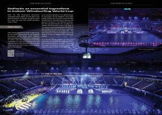 SGM NEWS No. 8 2015 SGM NEWS No. 8 2015
4544
When the PWA (Professional Windsurfers
Association) Indoor World Cup took place in the
National Stadium of Warsaw, the games lasted
for 3 days and more than 40,000 spectators
came to cheer.
Adam Tyszka prepared the hands-on light set-up
for this event, implementing his and Sebastian
Pachciarek’s lighting design vision. Sebastian
Pachciarekelaboratesonthisvision:“Ourgoalwas
to create a show that displayed the windsurfing
competition in a new and unexpected way. This
type of event is most commonly held on coastal
areas, but in this case it was in a pool, specially
built for the purpose.”
As an essential ingredient in the lighting design
for this project, the two designers chose SGM’s
popular SixPack pixel array with a powerful RGBA
LED light source. They allocated no less than 100
pieces of the fixture in two different locations.
The first grouping formed the so-called line-
athletes and presentation area on the plate of
the stadium. The second grouping of the SixPacks
were located very close to the pool, underlining
the advertising space on the stadium disc. “The
IP65-rating was crucial in the decision to use the
SixPacks in such an exposed area”, Pachciarek
explains.
As to the fact that the SixPacks are LED-based
rather than conventional, Sebastian Pachiarek is
very convinced about the benefits: “They have
less power consumption, are more durable and
widens the opportunities for lighting design.”
SixPacks as essential ingredient
in Indoor Windsurfing World Cup
SixPack x 100 pcs
Photos: Sebastian Pachciarek
Check out PWA’s
impressive video
from the show
 