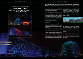 SGM NEWS No. 8 2015
54
SGM NEWS No. 8 2015
International
Year of Light
off to a bright start
with SGM
Extensive SGM package illuminates
UNESCO for the opening ceremony
The World Heritage Centre, UNESCO’s
headquarters in Paris, was bathed in light from
SGM for the two nights of the opening ceremony
of the International Year of Light.
Finnish lighting artist and designer Kari Kola
prepared a full concept design including light,
video and music for a spectacular light display
for the iconic Fontenoy building during the
ceremony. This launched an initiative intended
to raise global awareness about the importance
of light for the future and for the development
of society. 1500 people attended this ceremony
including leading diplomats, scientific societies
and technology platforms from around the
world for a multitude of lectures.
Light Is Here
For Kola’s installation, titled “Light Is Here”, no
fewer than 130 SGM P-5 wash lights and 14
G-Spot moving heads were deployed together
with another 70 LED based fixtures and 12 video
projectors.
“I wanted to reflect the most powerful elements
of natural light, Aurora Borealis (Northern light)
and sunrise, bringing in the North and the nature
to the opening ceremony,” Kola explains.
The 360 degree installation thus swathed the
building in blues and greens contrasting the
warm colours of the sunrise and accompanied
by music composed by the designer himself.
Unquestionably, the project presented a
comprehensive task, where Kola was faced with
a tight timetable as well a monumental building.
In his abstract light creation, the P-5 LED wash
light played the leading role, spiced up with
elements from the G-Spot moving head. “The
purpose was to break the surface with gobo
animation and video content,” he says, adding
his appreciation of the effects provided by the
SGM luminaires. “Everything had to be IP65
rated, and I needed lots of power and a good
saturation of colours, so these units were
perfect for the job.”
The smoothness of colours and dimming,
together with the powerful output of the SGM
fixtures, won Kola over in his selection of the
lighting equipment, and having completed
the project he is left with a beautiful piece of
work that has received nothing but positive
comments.
This could just be the beginning of Kola’s
relationship with SGM. “I aim to work with the
best units there are, so I think I will be using
SGM products again,” he reveals. “There might
be some really nice projects coming up in the
near future.”
G-Spot x 14 pcs
P-5 x 130 pcs
UNESCO’s headquarters in Paris
 