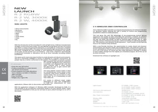 68 69
Light Output 			 R-2 RGBW: 1,700* lumens
			 R-2 W 3000K: 3,000* lumens
			 R-2 W 4000K: 3,900* lumens
LED Source Life Expectancy			 50,000 hours
Lens Selection			 R-2 RGBW: 13°/35°
			R-2 W 3000K/R-2 W 4000K: 25°/35° 	
Max. Power Consumption 			 R-2 RGBW: 37 W/R-2 W 3000K: 28 W
			R-2 W 4000K: 33 W
Wireless DMX			 LumenRadio with RDM
Controller			 C-5 Wireless DMX Controller
Weight			 1 kg/2.2 lbs
Dimensions (L x W)			 224 x 187 mm (8,8 x 7,4 in)
* Goniometer scan / ocean optics / Viso Light Studio
With the introduction of the innovative R-2 LED rail light series, SGM has revolutionized
rail lights, as we know them today. The new lighting concept gives the user full control
and offers a unique and personal experience. It is possible to control your complete
light setup via wireless DMX. This means that dimming the light up and down to change
the mood, changing the color settings or even adjusting it according to the season
of the year can be carried out in an instance - even from a distance. Automatically
programmed schedules or alterations can all be done manually, providing endless
possibilities.
This opens up for many new opportunities to create dynamic and vibrant environments.
The R-2 is extremely intelligent in terms of adapting to a specific environment. As
people stop by a sensor connected to the system, it is possible to activate a preset
light sequence that will attract attention
to a specific highlighted area. Interaction
is possible via a displayed QR code that
when scanned with a smart phone
will allow the user to gain control with
predefined areas.
The track adapter system makes it ideal
for retrofitting your entire setup in most
commonly used tracks available on the
market today. This can be done in a few
easy steps, as it is unnecessary to pull
new cables etc.
R-2 comes in different beam angles
depending on type and configuration
to fulfill the requirements for most
applications. (Please refer to the product specifications).
With the application software C-5 Wireless DMX Controller developed by SGM, it is
now possible to set up different customized modes to fit your specific needs. These
can be pre-scheduled so that you do not have to worry about turning it on or off in
the future.
• Shop environments
• Museums
• Exhibitions
• Malls
• Halls
• Trade shows
• Clubs
• Etc.
R-2 advantages
• Gives the user full control
• Endless possibilities to create dynamic 	
and vibrant environments
• Preset programs and make alterations
from a distance via SGM's C-5 Wireless
DMX controller
• Easy retrofitting
• Weighs only 1 kg/2.2 lbs
RAIL LIGHTS
C•5 WIRELESS DMX CONTROLLER
The C-5 Wireless DMX Controller is a uniquely developed piece of software intended
for Windows tablets offering the user a variety of control and programming
possibilities related to SGM luminaires.
This tool gives the user the advantage of pre-programming several lighting
sequences and modes or even controlling the luminaires remotely via wireless
DMX from LumenRadio. Examples include alternation in light setting per the hour,
the day, the week, the month, as well as seasonal light settings, day vs. night
settings, division of fixtures into groups, uniform branding of retail shops globally,
etc. This ensures a very dynamic visual expression – even outside normal opening
hours in for instance shop windows.
With a user-friendly interface, the opportunities to create vibrant and dynamic
environments just became simple and straightforward. All preferred modes can
be pre-scheduled so that you do not have to worry about turning your light system
on or off in the future. Of course you also make alterations manually, if needed
to have sudden change from the regular pre-scheduled program. All of this can all
be done remotely.
Download the software at sgmlight.com
NEW
LAUNCH
R·2 RGBW
R·2 W, 3000K
R·2 W, 4000K
 