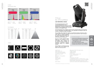74 75
1 2 3 4 5
Gobos
Gobo wheel closest to optics
Gobo wheel closest to light source
1 2 3 4 5
Photometric data
Red
Light output 	 4270 lm
Power 	 270 W
Efficiency 	 15,8 lm/W
Green
Light output 	 9090 lm
Power 	 358 W
Efficiency 	 25 lm/W
Blue
Light output 	 3500 lm
Power 	 330 W
Efficiency 	 10,6 lm/W
LUX diagram
G-Spot
43°8°
Light Source			 High power RGBY LED Light source
Light Output / 43°			 17,000* lumens
Color Temperature Range			 2,000K-10,000K
LED Source Life Expectancy			 50,000 hours
Zoom Range, 16 bit	 		 8°-43° + pseudo zoom 1°-43°
Prism			 4-facet rotating prism
Max. Power Consumption 			 1100 W
IP Class			 IP65
Wireless DMX			 LumenRadio with RDM
Gobo Wheels 			 1 rotable gobo wheel: 5 indexable gobos + open
Framing			 Rotatable framing module, +/- 45°, 4 controllable 			
			 shutter blades, individually adjustable +/- 30°
Effect Wheel			 Continuous rotation with variable speed/direction
* Goniometer scan / ocean optics / Viso Light Studio
The
G·Profile
LED MOVING HEAD
The moving head product range
is now expanded with a new,
exclusive framing version named G-Profile.
Alternatively, an add-on framing shutter
module is interchangeable with the gobo
module of the original G-Spot.
The framing allows the G-Profile to perform beam-shaping images and projections
via four individually controllable blades, each adjustable ±30 degrees while the
module is rotatable through ±45 degrees.
The G-Profile still provides the option of combining framing techniques with 5
rotating gobos and opens for gobo animation and interaction when framing is
used. This is a perfect appliance
for enhanching performance for
television productions, theatres
and architectural installations.
The set of SGM designed gobos
allows for the creation of user-
controllable soft framing and
the effect wheels function as
an extension to one another for
achieving continuous dynamic
animation effect in a stepless
manner.
The G-Profile is a maintenance-free
product with an IP rating of 65,
water, dirt and sand proof.
G-Profile advantages
• Advanced and adjustable framing shutters
• No accumulation of dust or externally
induced impact on internal optics, gobos
or the light source unit
• No smoke fluid build-up inside
• Perfect inner cleanness of the luminary
• Excellent performance in any conditions
IP65
 