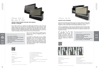 80 81
WHITE AND RGBW COLOR LED WASH,
BLIND, STROBE
The Q·7
& Q·7 W
The Q series consists of 2 powerful LED lights with the ability to wash, blind and
strobe. The Q-7 is a low-profile and compact RGBW fixture, which contains 2,000
powerful RGBW LEDs, while the Q-7 W contains 1,000 cool white LEDs. Both units
perform as powerful adjustable wall washers with a spread angle of 110°. The IP65-
rated fixtures have a small physical footprint, which makes them ideal for outdoor use
to light up buildings, facades, architectural structures and attractions.
The Q-7 has a high output of 28,000 lumens,
while the Q-7 W has a staggering output of
60,000 lumens.
As versatile as these units are in outdoor
applications, just as suitable are they for indoor
applications such as TV studios, theaters,
exhibition stands and other applications were
a flicker-free wide flood of colored or crisp
white light is desired, meanwhile providing the
entertainment designs with a flashing bright
color strobe effect.
Light Source			 Q-7: 2,000 x RGBW SMD LEDs
			Q-7 W: 1,000 x Cool White LEDs
Light Output			 Q-7: 28,000* lumens
			 Q-7 W: 60,000* lumens
Efficacy			 Q-7: 60 lm/W / Q-7 W: 130 lm/W
LED Source Life Expectancy			 50,000 hours
Lens Selection			110° fixed
Power 			 Q-7: 450 Watt/230V / Q-7 W: 455 Watt/230V
Weight			 8.1 kg (17.9 lbs)
Dimensions (L x H x W)			 497 x 268 x 122 mm / 19.6 x 10.6 x 4.8 in
IP Class			IP65
* Goniometer scan / ocean optics / Viso Light Studio
Q-7 & Q-7 W advantages
• Low power consumption
• USITT DMX 512 A and RDM controllable
• Lightweight construction
• True LED alternative to traditional flood
	 lights and strobes
• Excellent performance in any conditions
• IP65-rated
IP65
WHITE LED STROBE
The X·5
Experience extremely high luminous output of nearly 3,000 pure white LEDs
placed into three individually controllable LED segments. The X-5 makes it
possible to create unique effects never delivered before by a strobe.
The X-5 is a lightweight, compact and ultra-high performance LED strobe with
an exceptionally low power consumption of only 4A. The X-5 is a robust, state
of the art LED fixture providing an alternative to traditional, expensive and
fragile Xenon lamps.
Use of the X-5 will result
in advantages such as the
utilisation of less cabling, less
energy consumption and lower
maintenance costs. The X-5 delivers
maximum effect at a lower life
cycle cost compared to traditional
strobes.
X-5 advantages
• High performance strobe with low
power consumption.
• Includes an intuitive interface
• Noiseless operation
• Three individually controllable segments
• Easy mounting - no tools required
Light Source			 2,970 x White LEDs
LED Source Life Expectancy			 50,000 hours
Lens Selection			120° fixed
Power 			4A/208-240V/50-60Hz
Weight 			 6.7 kg (14.8 lbs)
Dimensions (L x H x W)			 500 x 270 x 90 mm / 19.7 x 10.6 x 3.54 in
LED Panels			 3 individually controllable LED segments
* Goniometer scan / ocean optics / Viso Light Studio
 