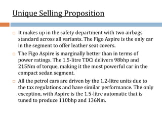 Unique Selling Proposition
 It makes up in the safety department with two airbags
standard across all variants. The Figo Aspire is the only car
in the segment to offer leather seat covers.
 The Figo Aspire is marginally better than in terms of
power ratings. The 1.5-litre TDCi delivers 98bhp and
215Nm of torque, making it the most powerful car in the
compact sedan segment.
 All the petrol cars are driven by the 1.2-litre units due to
the tax regulations and have similar performance. The only
exception, with Aspire is the 1.5-litre automatic that is
tuned to produce 110bhp and 136Nm.
 