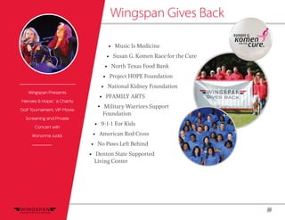 10
Wingspan Gives Back
• Music Is Medicine
• Susan G. Komen Race for the Cure
• North Texas Food Bank
• Project HOPE Foundation
• National Kidney Foundation
• PFAMILY ARTS
• Military Warriors Support
Foundation
• 9-1-1 For Kids
• American Red Cross
• No Paws Left Behind
• Denton State Supported
Living Center
Wingspan Gives BackWingspan Gives Back
Wingspan Presents
‘Heroes & Hope,” a Charity
Golf Tournament, VIP Movie
Screening and Private
Concert with
Wynonna Judd.
 