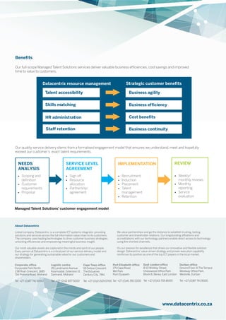 Corporate office
Corporate Park North
238 Roan Crescent, 1685
Old Pretoria Road, Midrand
Tel: +27 (0)87 741 5000
Logistic centre
26 Landmarks Avenue
Kosmosdal, Extension 11
Samrand, Midrand
Tel: +27 (0)12 657 5000
Cape Town office
18 Oxbow Crescent
The Estuaries
Century City, 7441
Tel: +27 (0)21 529 0700
Port Elizabeth office
175 Cape Road
Mill Park
Port Elizabeth
Tel: +27 (0)41 391 0200
East London office
8-10 Winkley Street,
Chesswood Office Park
Block B, Berea, East London
Tel: +27 (0)43 705 8000
Durban office
Ground Floor, 6 The Terrace
Westway Office Park
Westville, Durban
Tel: +27 (0)87 741 9000
About Datacentrix
Listed company, Datacentrix, is a complete ICT systems integrator, providing
solutions and services across the full information value chain to its customers.
The company uses leading technologies to drive customer business strategies,
unlocking efficiencies and empowering meaningful business insight.
Our most valuable assets are captured in the minds and spirit of our people.
Every person at Datacentrix is a critical part of our service delivery model and
our strategy for generating sustainable value for our customers and
shareholders.
We value partnerships and go the distance to establish trusting, lasting
customer and shareholder relations. Our longstanding affiliations and
accreditations with our technology partners enable direct access to technology
using the shortest channels.
It's our passion for excellence that drives our innovative and flexible solution
design. Datacentrix' value-driven strategy and proven execution capability
reinforces its position as one of the top ICT players in the local market.
www.datacentrix.co.za
Benefits
Our full-scope Managed Talent Solutions services deliver valuable business efficiencies, cost savings and improved
time to value to customers.
Datacentrix resource management Strategic customer benefits
Talent accessibility
Skills matching
HR administration
Staff retention
Business agility
Business efficiency
Cost benefits
Business continuity
Our quality service delivery stems from a formalised engagement model that ensures we understand, meet and hopefully
exceed our customer’s exact talent requirements.
NEEDS
ANALYSIS
· Scoping and
definition
· Customer
requirements
· Proposal
SERVICE LEVEL
AGREEMENT
· Sign off
· Resource
allocation
· Partnership
agreement
IMPLEMENTATION
· Recruitment
· Induction
· Placement
· Talent
management
· Retention
REVIEW
· Weekly/
monthly reviews
· Monthly
reporting
· Service
evaluation
Managed Talent Solutions’ customer engagement model
 