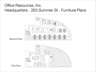 Ofﬁce Resources, Inc.
Headquarters . 263 Summer St . Furniture Plans
STAIR 2
KITCHENETTE
RECEPTION
SMALL CONFERENCE
LARGE CONFERENCE
COATS
SHOWROOM
IPHH
FIRST FLOOR PLAN
STAIR 2
CAFE
KITCHEN
TOUCHDOWNS
WAR ROOM
KEVINPAULROB
DOUGMIKE
SALES/CLIENT SERVICES/PROJECT SERVICES
NEIL
COPY/PRINT
MARKETING
FINANCE
COLLABORATIVE
AREA
PLOTCOPY PLOT
Server
Rack
A/V
Cool
GKIT
GKIT
BBBB/F/2SCFF
ACF
ACF
ACF
ACF
SECOND FLOOR PLAN
Second Floor
First Floor
 