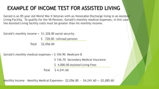 EXAMPLE OF INCOME TEST FOR ASSISTED LIVING
Gerald is an 85 year old World War II Veteran with an Honorable Discharge living in an Assisted
Living Facility. To qualify for the VA Pension, Gerald’s monthly medical expenses, in this case
the Assisted Living facility costs must be greater than his monthly income.
Gerald’s monthly income = $1,328.00 social security
$ 728.00 railroad pension
Total $2,056.00
Gerald’s monthly medical expenses = $ 104.90 Medicare B
$ 136.70 Secondary Medical Insurance
$ 4,000.00 Assisted Living Fees
Total $ 4,241.60
Monthly Income – Monthly Medical Expenses= $2,056.00 - $4,241.60 = -$2,085.60
 