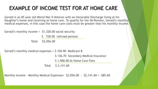 EXAMPLE OF INCOME TEST FOR AT HOME CARE
Gerald is an 85 year old World War II Veteran with an Honorable Discharge living at his
Daughter’s home and receiving at home care. To qualify for the VA Pension, Gerald’s monthly
medical expenses, in this case the home care costs must be greater than his monthly income.
Gerald’s monthly income = $1,328.00 social security
$ 728.00 railroad pension
Total $2,056.00
Gerald’s monthly medical expenses = $ 104.90 Medicare B
$ 136.70 Secondary Medical Insurance
$ 1,900.00 At Home Care Fees
Total $ 2,141.60
Monthly Income – Monthly Medical Expenses= $2,056.00 - $2,141.60 = -$85.60
 