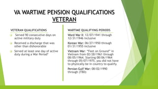 VA WARTIME PENSION QUALIFICATIONS
VETERAN
VETERAN QUALIFICATIONS
 Served 90 consecutive days on
active military duty
 Received a discharge that was
other than dishonorable
 Served at least one day of active
duty during a War Period*
WARTIME QUALIFYING PERIODS
Word War II: 12/07/1941 through
12/31/1946 inclusive
Korean War: 06/27/1950 through
01/31/1955 inclusive
Vietnam War: “Feet on Ground” in
Vietnam from 02/28/1961 through
08/05/1964. Starting 08/06/1964
through 05/07/1975, you did not have
to physically be in country to qualify.
Persian Gulf War: 08/02/1990
through (TBD)
 