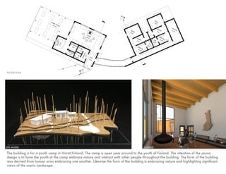 62 m²
Lounge
6 m²
W
Storage
11m²
Kitchen
3 m²
Tech Space
4 m²
WC
7m²
Cloakroom
15 m²
Sauna
4 m²
WC
10 m²
Entry
67 m²
Outdoor Terrace
15 m²
Sauna
21 m²
Technical
9 m²
Showers
10 m²
Dressing
5 m²
WC
5 m²
WC
10 m²
Dressing
9 m²
Showers
-
---
-
---
The building is for a youth camp in Virrat Finland. The camp is open year around to the youth of Finland. The intention of the sauna
design is to have the youth at the camp embrace nature and interact with other people throughout the building. The form of the building
was derived from human arms embracing one another. Likewise the form of the building is embracing nature and highlighting significant
views of the scenic landscape.
FLOOR PLAN
SITE MODEL LOUNGE
 