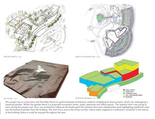 This project was in conjunction with Brandley Payne (a grad landscape architecture student) completing his thesis project, which was redesigning a
botanical garden. Within the garden there is a proposed convention center, hotel, restaurant and offices space. The question that I was trying to
solve during this project was, How can architecture influence the landscape? The solutions that were implemented were highlighting significant views
into the botanical garden from the building. The main focus was to the living corridor where native vegetation in Edmonton would be in the interior
of the building where it could be enjoyed throughout the year.
SITE MODEL - Davis
PROCEES SKETCH - Payne SKETCH OF MASTER PLAN - Payne
PROGRAM DIAGRAM - Davis
 