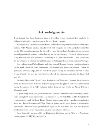 Acknowledgements
Even though this thesis bears my name a few other people contributed so much to it.
Acknowledging their contributions is the very least I can do.
My supervisor, Professor Andrew Parry, and his friendship were instrumental through-
out my PhD. Anyone familiar with his work will recognise his style and inﬂuence in this
thesis. His contagious passion for the subject and his method of making me go through
several pages of calculations before showing me the two-line way of doing it, claiming that
“only that way will you appreciate the beauty of it”, certainly worked. I also thank him
for his attempts to educate me in britishness by taking me to Lord’s and Craven Cottage.
Our collaborators Carlos Rasc´on and Jose Manuel Romero-Enrique contributed much
to the work described, with discussions, calculations and numerical results. Carlos in
particular provided LATEX ﬁles for two of our papers saving me an inﬁnite amount of time
typing (twice). He also gave me ﬁles for a lot of the diagrams and data for ﬁgures 3.2
and 8.1.
Professor Margarida Telo da Gama, Professor Ana Nunes and Professor Jorge Pacheco
from the Universidade de Lisboa nurtured my passion for physics and were instrumental
in my decision to do a PhD. I always feel at home at the Centro de F´ısica Te´orica e
Computacional.
A great many fellow postgraduate students provided friendship and stimulating discus-
sions throughout these three years. The success of the revival of the Maths Postgraduate
Seminars owes much to them. Laura Morgan shared many of her calculations and notes
with me. Daniel Lawson and Filipe Tostevin joined me in many hours of stimulating
discussions. Steven Capper provided the style ﬁle for the thesis and him and Stephen
Girdlestone were always “numerical analysis consultants” of sorts.
I was ﬁnancially supported by the Portuguese Funda¸c˜ao para a Ciˆencia e Tecnologia,
through grant SFRH/BD/16424/2004.
11
 