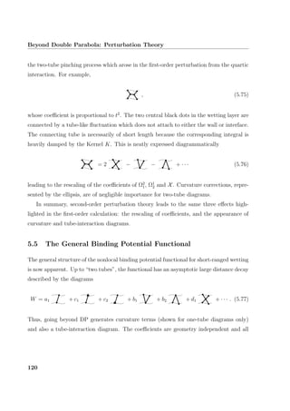 Beyond Double Parabola: Perturbation Theory
the two-tube pinching process which arose in the ﬁrst-order perturbation from the quartic
interaction. For example,
, (5.75)
whose coeﬃcient is proportional to t2
. The two central black dots in the wetting layer are
connected by a tube-like ﬂuctuation which does not attach to either the wall or interface.
The connecting tube is necessarily of short length because the corresponding integral is
heavily damped by the Kernel K. This is neatly expressed diagrammatically
= 2 − − + · · · (5.76)
leading to the rescaling of the coeﬃcients of Ω2
1, Ω1
2 and X. Curvature corrections, repre-
sented by the ellipsis, are of negligible importance for two-tube diagrams.
In summary, second-order perturbation theory leads to the same three eﬀects high-
lighted in the ﬁrst-order calculation: the rescaling of coeﬃcients, and the appearance of
curvature and tube-interaction diagrams.
5.5 The General Binding Potential Functional
The general structure of the nonlocal binding potential functional for short-ranged wetting
is now apparent. Up to “two tubes”, the functional has an asymptotic large distance decay
described by the diagrams
W = a1 + c1 + c2 + b1 + b2 + d1 + · · · . (5.77)
Thus, going beyond DP generates curvature terms (shown for one-tube diagrams only)
and also a tube-interaction diagram. The coeﬃcients are geometry independent and all
120
 