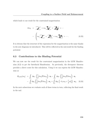 Coupling to a Surface Field and Enhancement
which leads to our result for the constrained magnetisation
δmΞ = + m0 + + · · ·
−


m0 + + m0 + · · · . (6.23)
It is obvious that the structure of the expression for the magnetisation is the same thanks
to the new diagrams we introduced. This will be reﬂected in the end result for the binding
potential.
6.3 Contributions to the Binding Potential
We can now use the result for the constrained magnetisation in the LGW Hamilto-
nian (6.2) to get the Interfacial Hamiltonian. As previously, the divergence theorem
provides a direct route for this calculation. Using it we can express the LGW Hamilto-
nian as
HLGW[mΞ] =
l−
dsl−
1
2
δmΞ δmΞ · nl −
l+
dsl+
1
2
δmΞ δmΞ · nl
−
ψ
dsψ
1
2
δmΞ δmΞ · nψ +
ψ
dsψ −h1mΞ +
c
2
m2
Ξ · nψ. (6.24)
In the next subsections we evaluate each of these terms in turn, collecting the ﬁnal result
in the end.
131
 