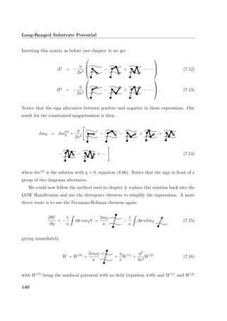 Long-Ranged Substrate Potential
Inverting this matrix as before (see chapter 4) we get
Aη
= −
η
2κ2


 − + − · · ·


 (7.12)
Bη
= −
η
2κ2


 − + − · · ·


 . (7.13)
Notice that the sign alternates between positive and negative in these expressions. Our
result for the constrained magnetisation is then
δmΞ = δm
(0)
Ξ +
η
2κ2
− − + +
− − + · · · (7.14)
where δm(0)
is the solution with η = 0, equation (4.66). Notice that the sign in front of a
group of two diagrams alternates.
We could now follow the method used in chapter 4, replace this solution back into the
LGW Hamiltonian and use the divergence theorem to simplify the expressions. A more
direct route is to use the Feynman-Hellman theorem again:
∂W
∂η
= −
1
κ
dr κmΞV =
2m0
κ
−
1
κ
dr κδmΞ (7.15)
giving immediately
W = W(0)
+
2m0η
κ
+
η
κ
W(1)
+
η2
4κ3
W(2)
(7.16)
with W(0)
being the nonlocal potential with no ﬁeld (equation 4.89) and W(1)
and W(2)
140
 